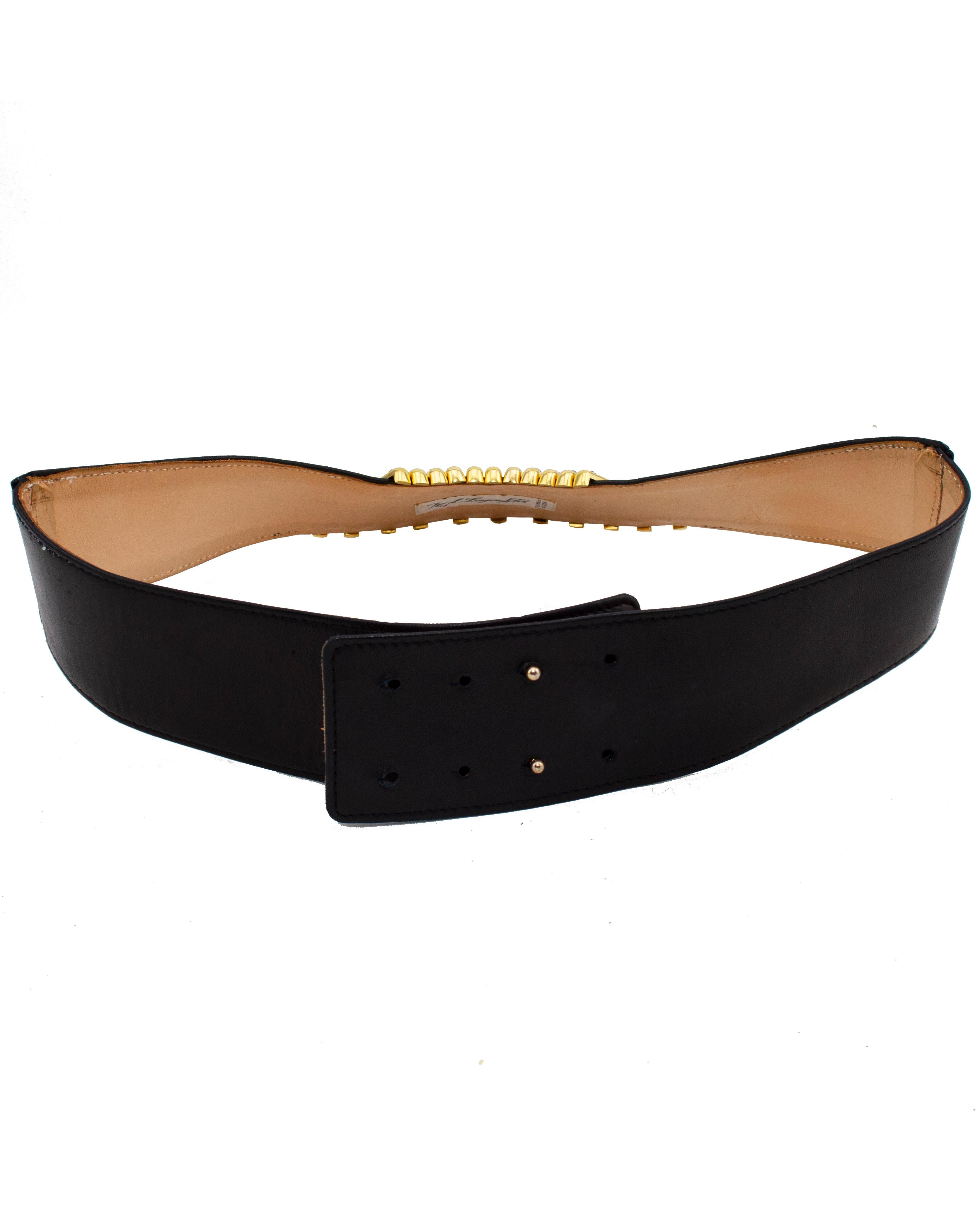 Brown 1980s Karl Lagerfeld Black Leather Belt with Rhinestone Bars For Sale