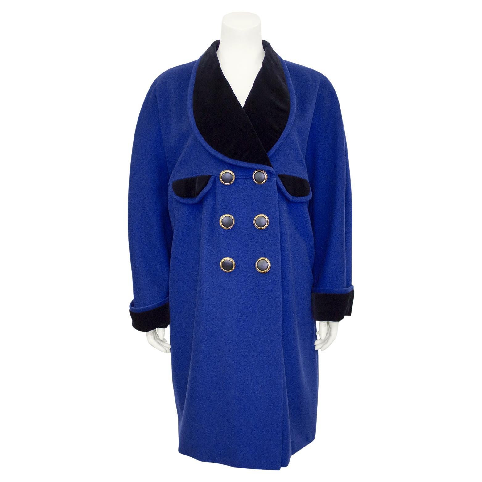 1980s Karl Lagerfeld Blue and Black Double Breasted Cocoon Coat  For Sale
