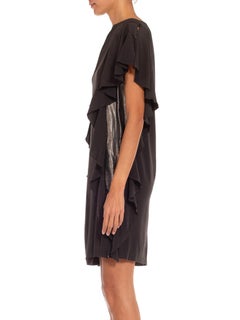 1980S KARL LAGERFELD CHLOE Gun Metal Silk Ruffle Sleeves Dress With Beaded Butt
