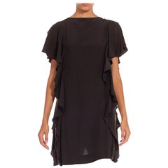 1980S KARL LAGERFELD CHLOE Gun Metal Silk Ruffle Sleeves Dress With Beaded Butt
