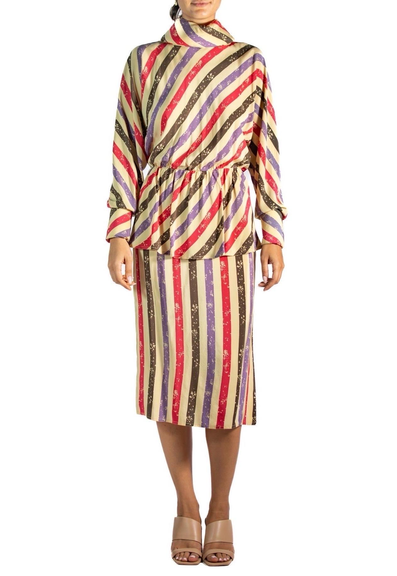 1980S Karl Lagerfeld Chloe Purple & Pink Striped Silk Blouse Skirt Ensemble Deadstock