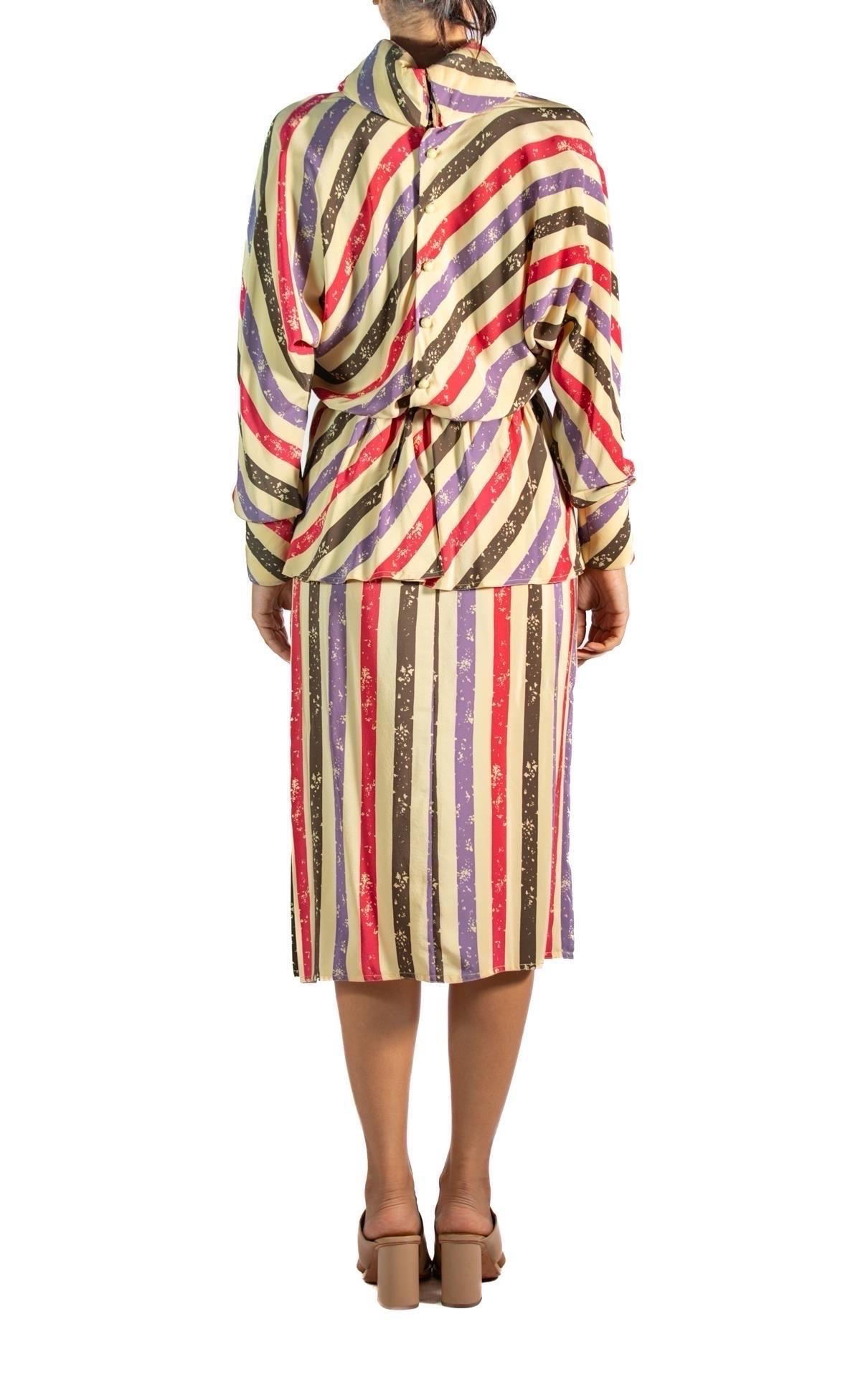 Women's 1980S Karl Lagerfeld Chloe Purple & Pink Striped Silk Blouse Skirt Ensemble Dea For Sale