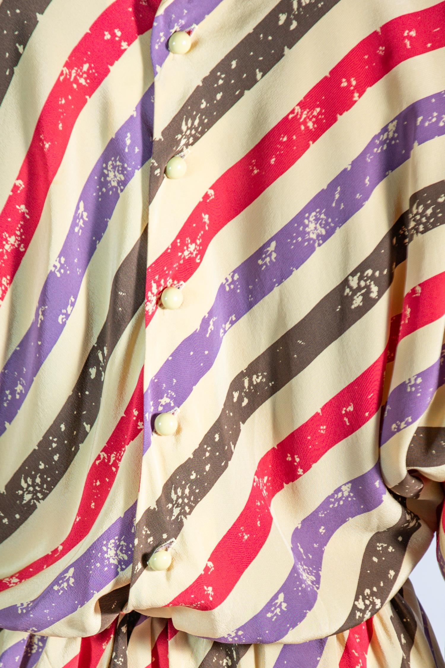 1980S Karl Lagerfeld Chloe Purple & Pink Striped Silk Blouse Skirt Ensemble Dea For Sale 4