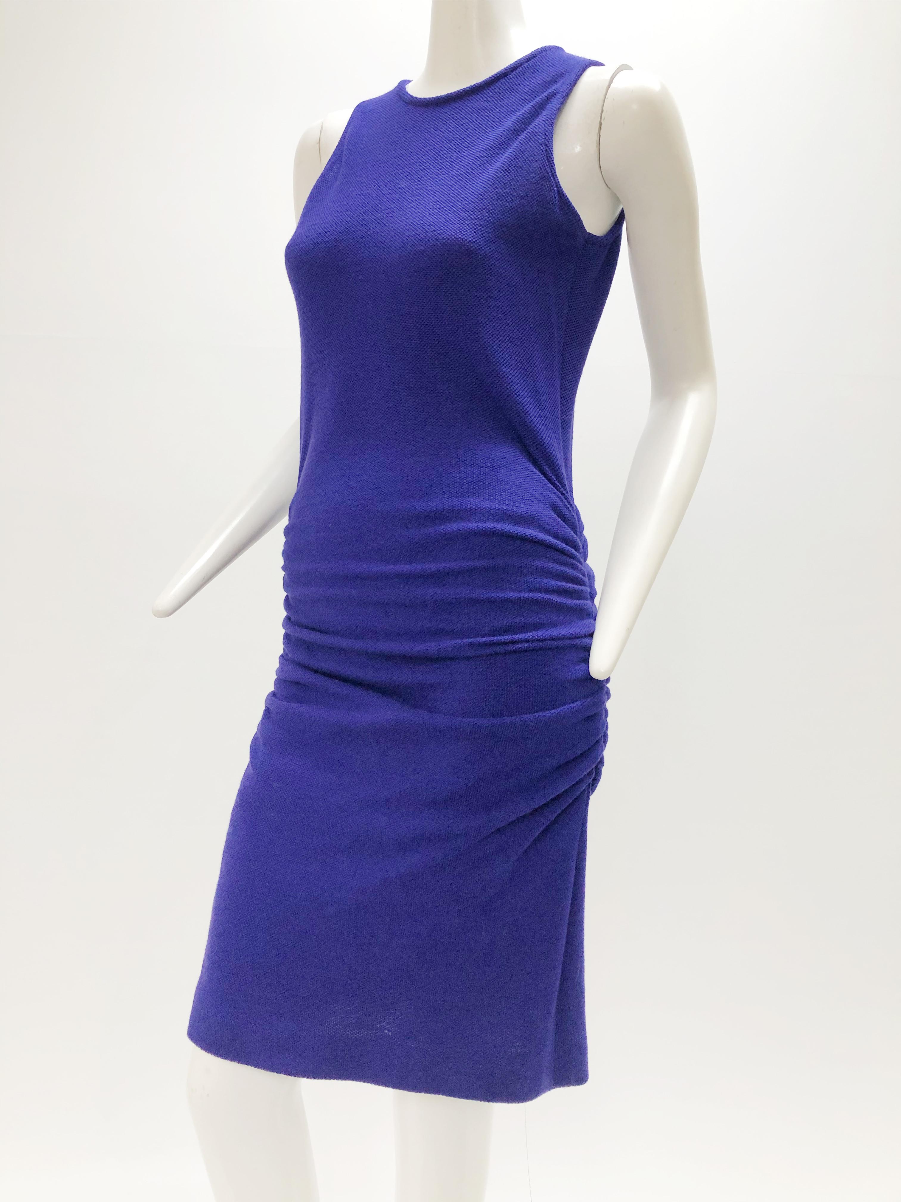 Women's 1980s Karl Lagerfeld Royal Purple Double Knit Wool Body-Con Dress w Back Buttons For Sale