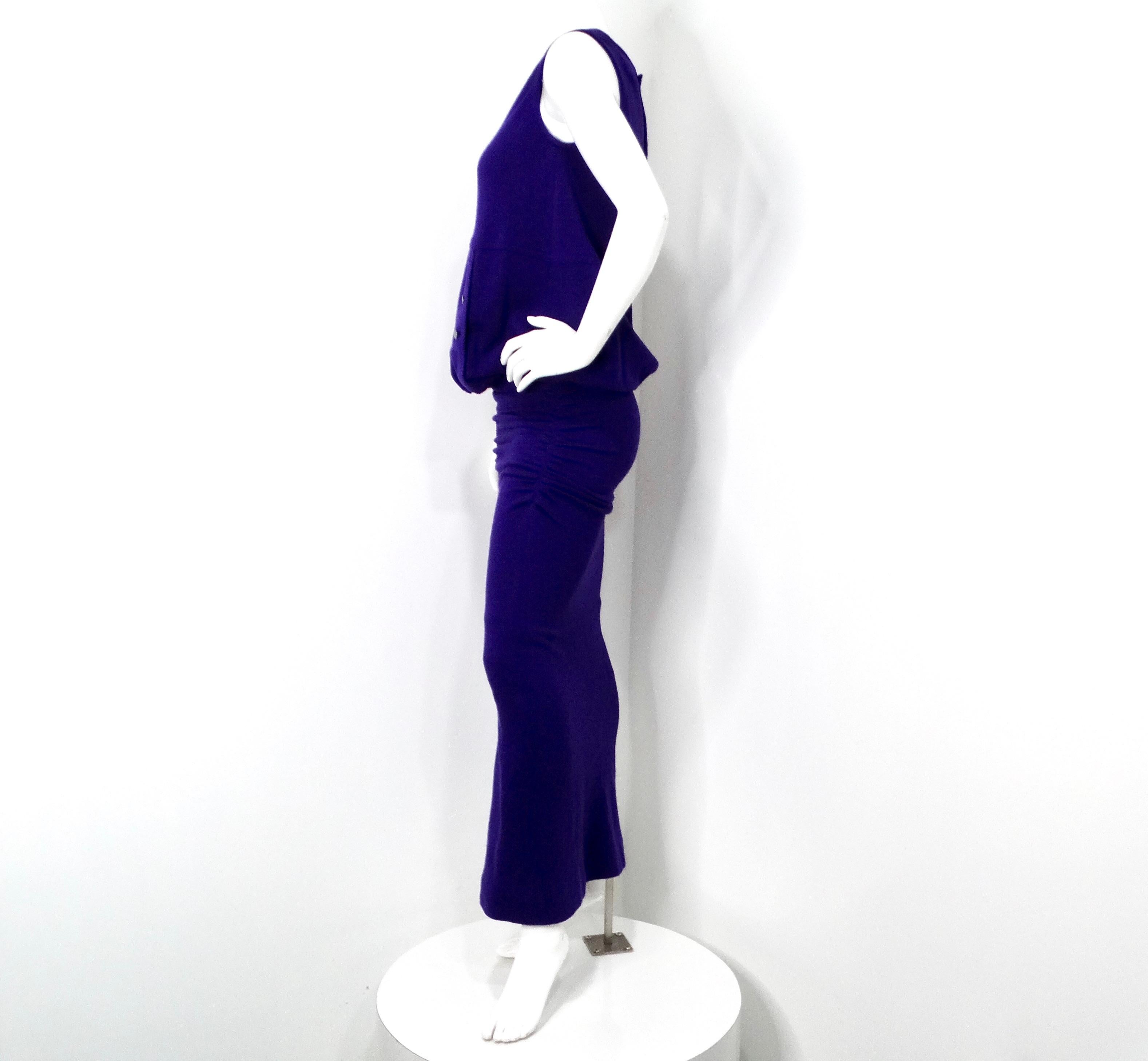 1980s Karl Lagerfeld Royal Purple Wool Ruched Maxi Dress For Sale 3