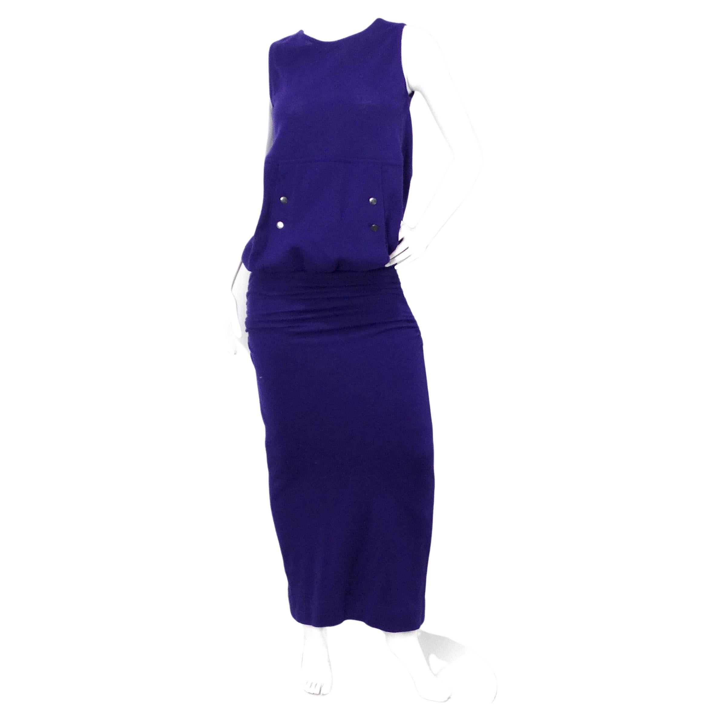 1980s Karl Lagerfeld Royal Purple Wool Ruched Maxi Dress For Sale