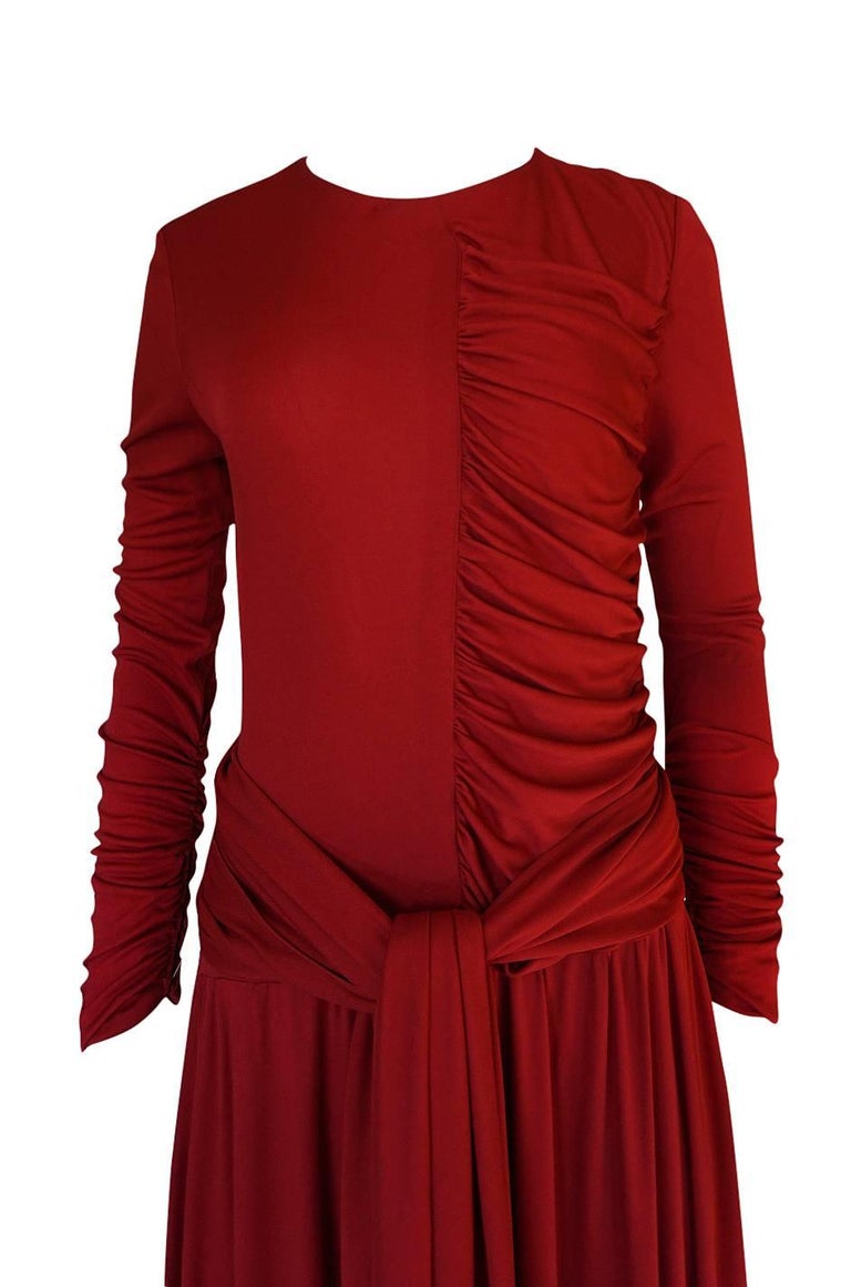 1980s Karl Lagerfeld Supermodel Length Deep Red Silk Jersey Dress w ...