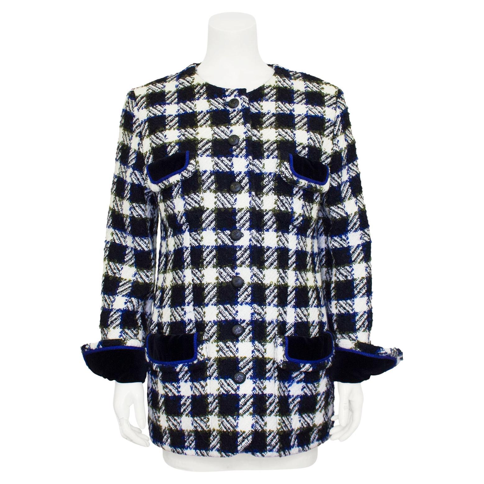 1980s Karl Lagerfeld Wool Houndstooth and Velvet Jacket  For Sale