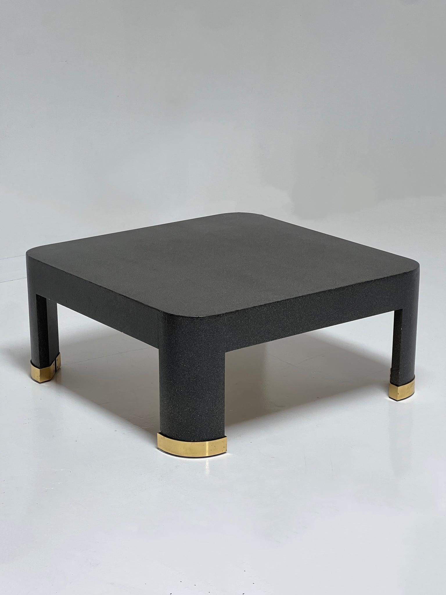 Dark Grey Karl Springer Coffee Table with Brass Detail in great condition with light signs of wear along the edges. 

Unmarked. 

Dimensions:

Width - 42”

Height - 18”

Pick-up and Delivery Options: 
FREE PICK-UP from our warehouse in South San