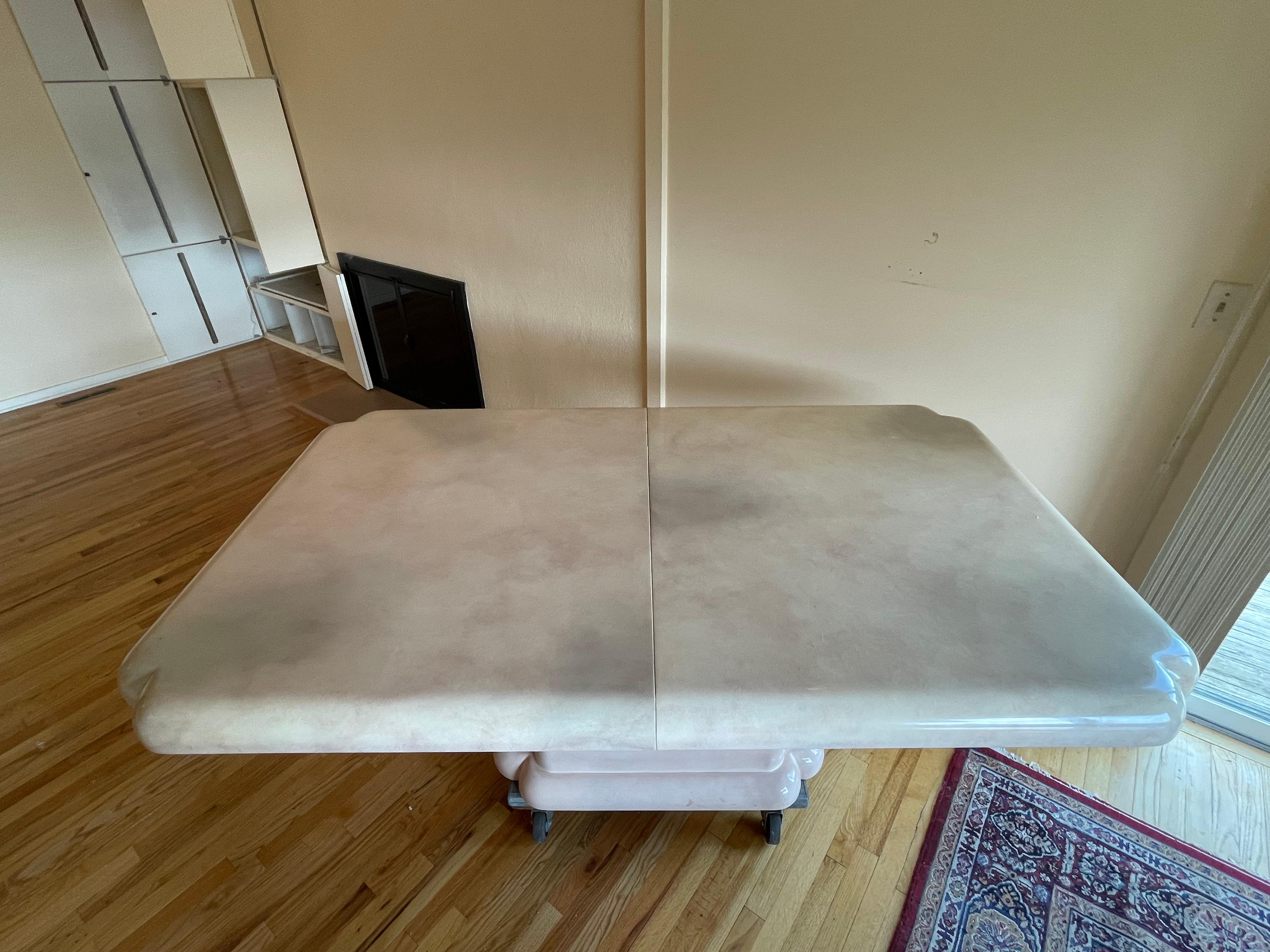 1980s Karl Springer Style Expanding Pink Faux Marble Post-Modern Dining Table For Sale 1