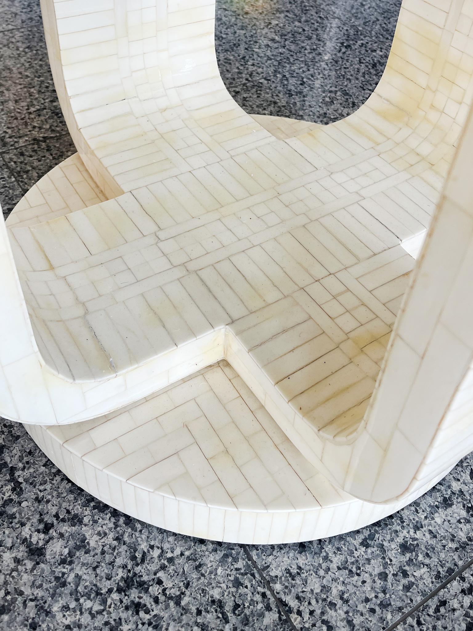 1980s Karl Springer Style Tessellated Bone & Glass Top Center Table For Sale 6