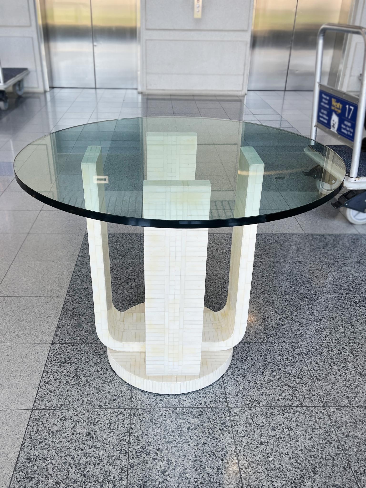 1980s Karl Springer Style Tessellated Bone & Glass Top Center Table In Good Condition For Sale In New York, NY