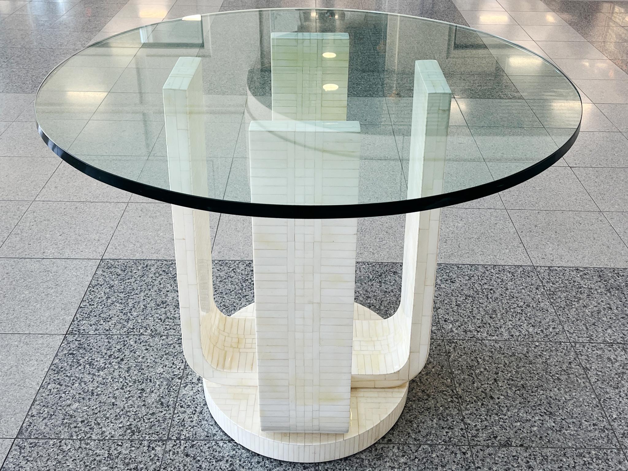 1980s Karl Springer Style Tessellated Bone & Glass Top Center Table For Sale 2