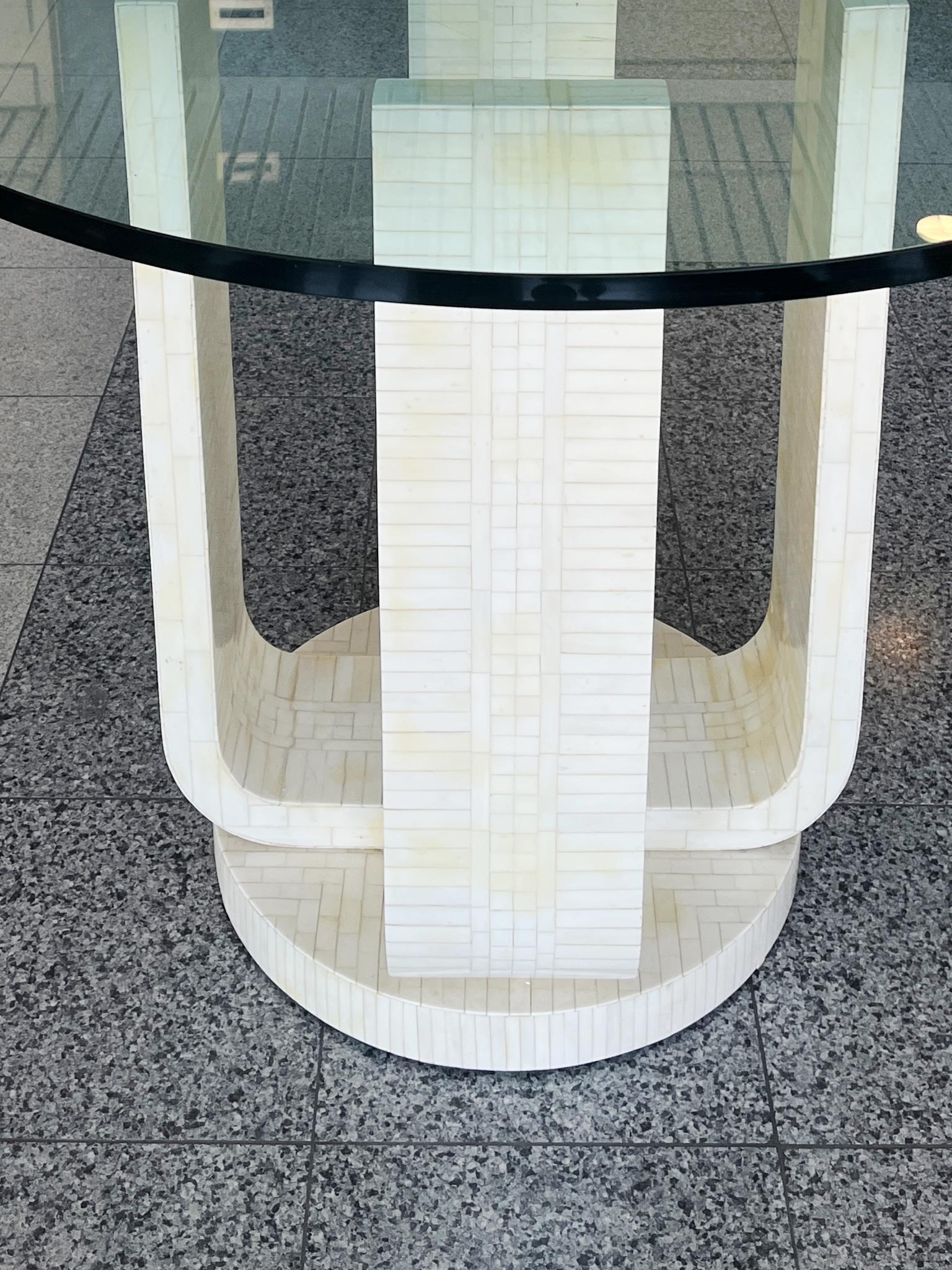 1980s Karl Springer Style Tessellated Bone & Glass Top Center Table For Sale 4