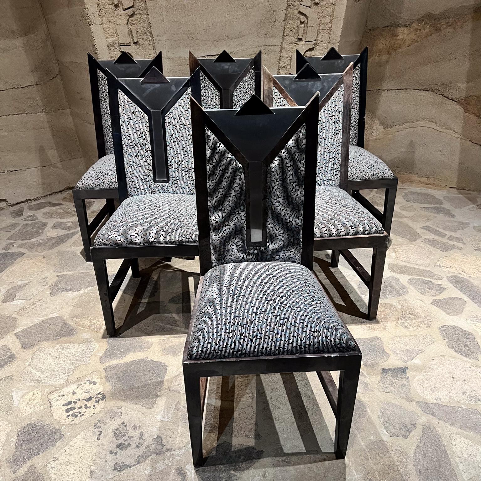 For your consideration, a Set of six (6) Dining Chairs attributed to Karl Springer-Taller Maria Teresa Méndez
Unmarked. Circa the  1980s. 
Wood wrapped in goatskin with aluminum inserts.
Dimensions: 40.25h x 19.25 w x 20 d x seat 19.5
Original