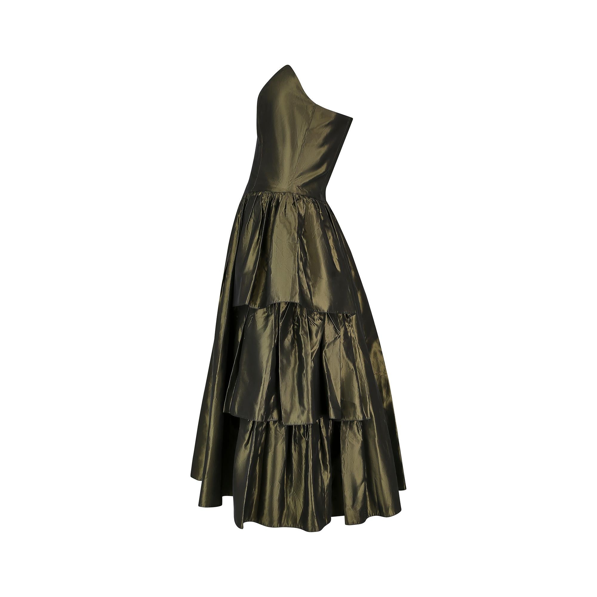 Black 1980s Katerina Strapless Olive Green Taffeta Dress