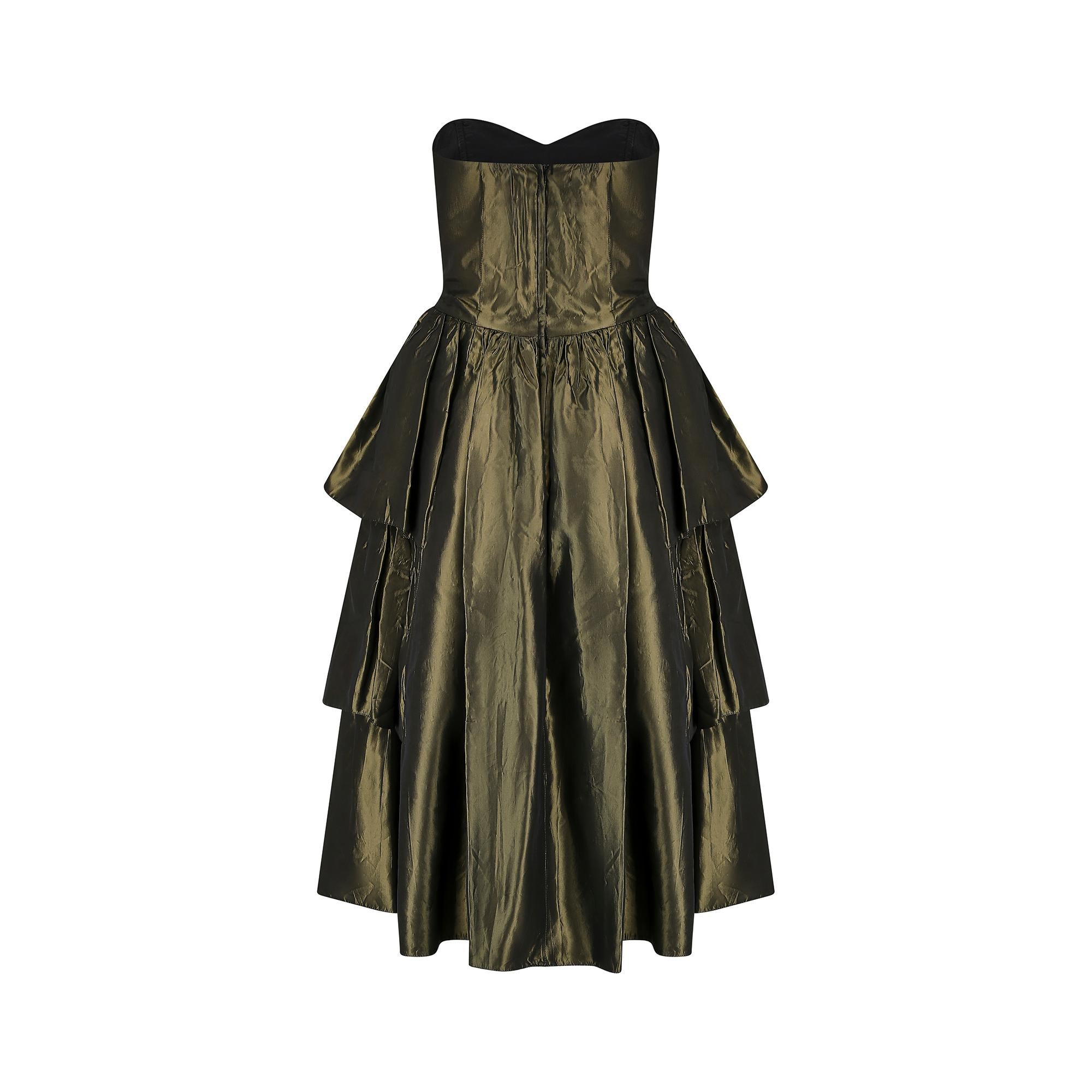 1980s Katerina Strapless Olive Green Taffeta Dress In Excellent Condition In London, GB