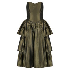 Vintage 1980s Katerina Strapless Olive Green Taffeta Dress