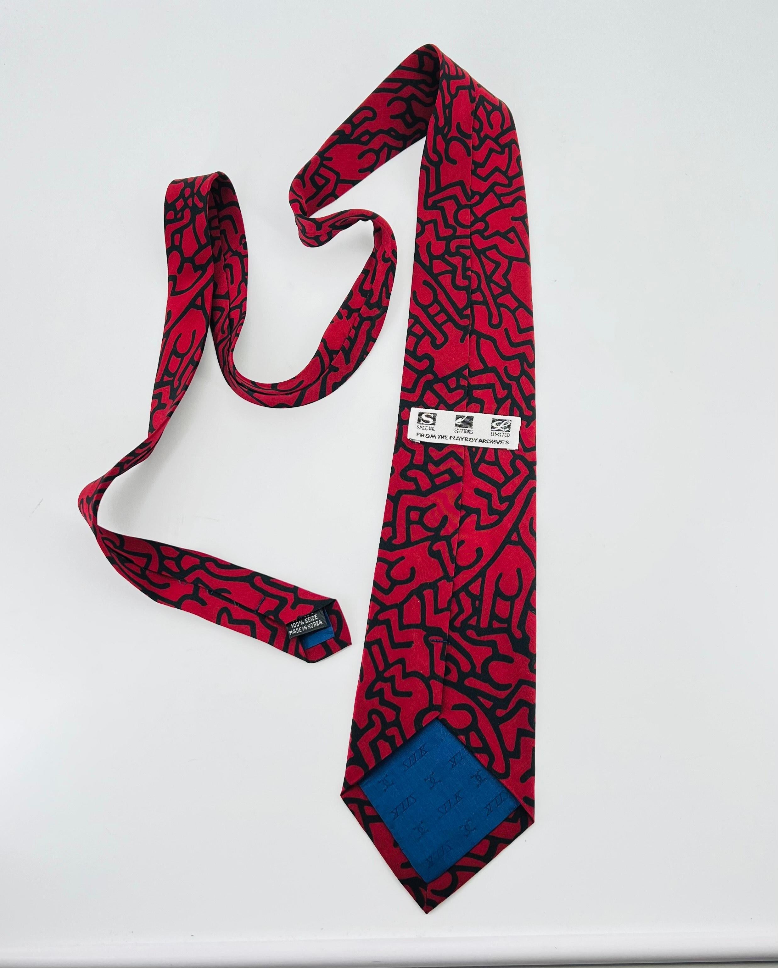 Machine-Made 1980s Keith Haring Silk Tie Black Burgundy Vintage Commissioned Playboy Archives For Sale