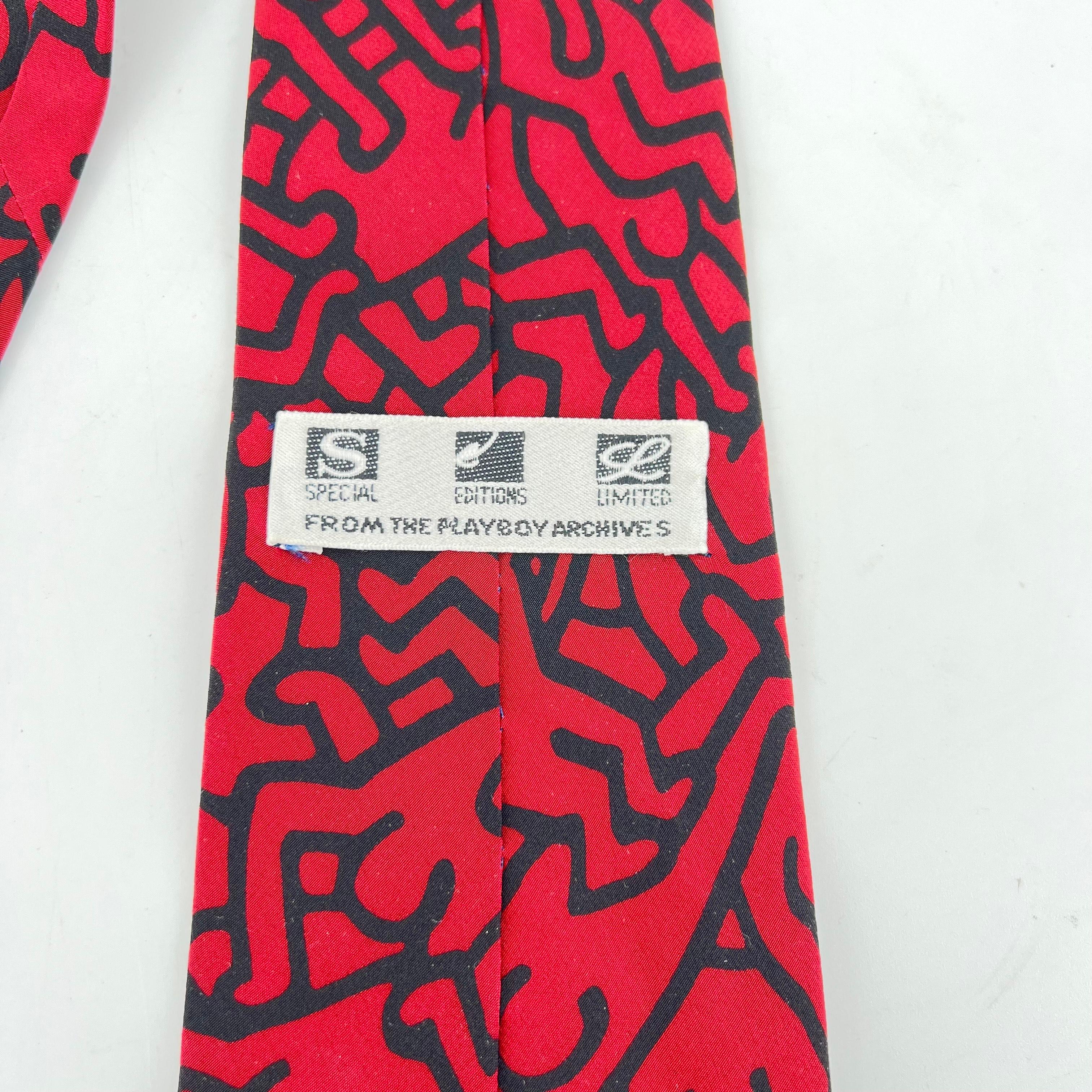 Late 20th Century 1980s Keith Haring Silk Tie Black Burgundy Vintage Commissioned Playboy Archives For Sale