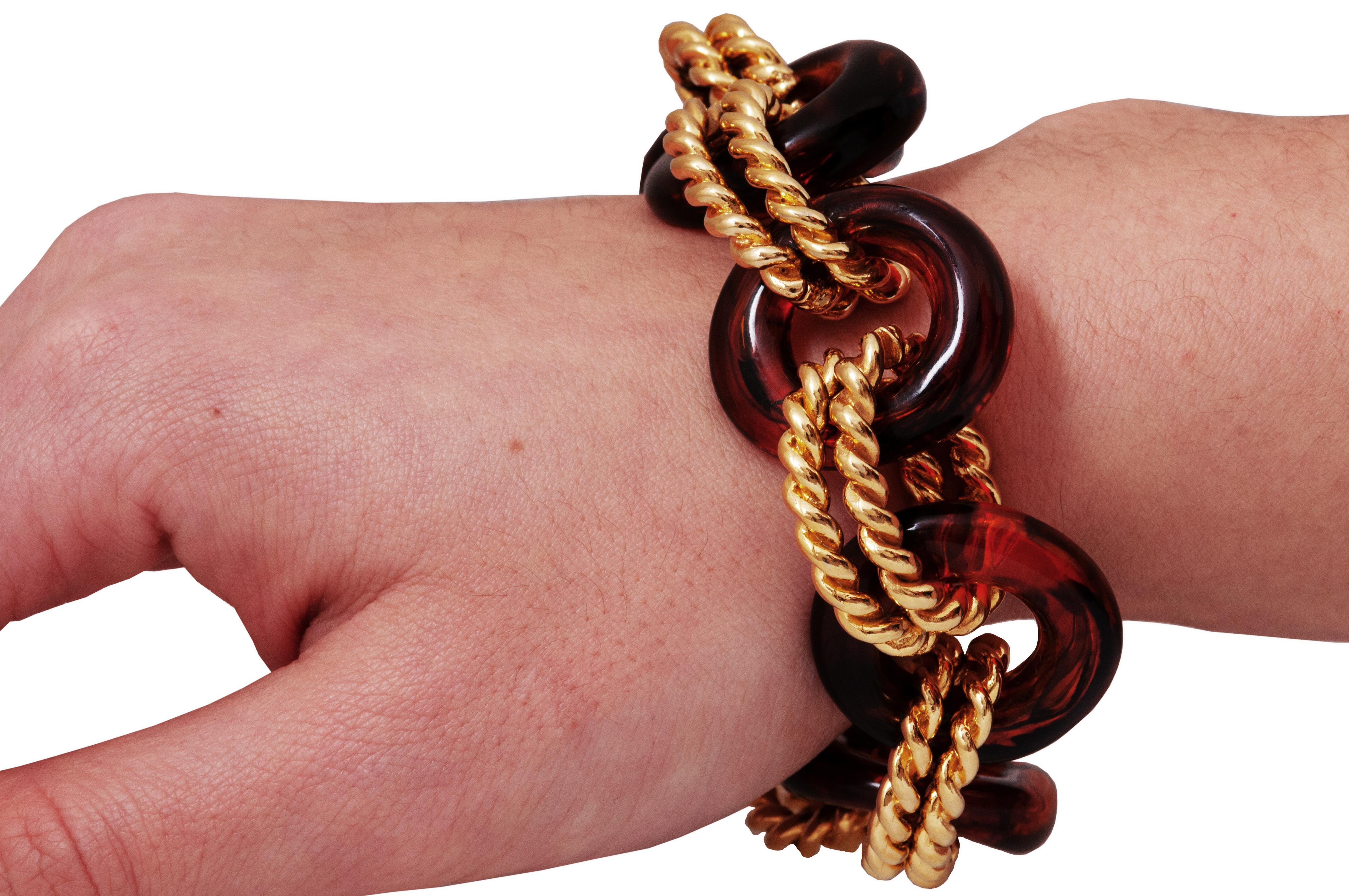 1980s Kenneth Jay Lane Gold and Brown Resin Bracelet For Sale 1