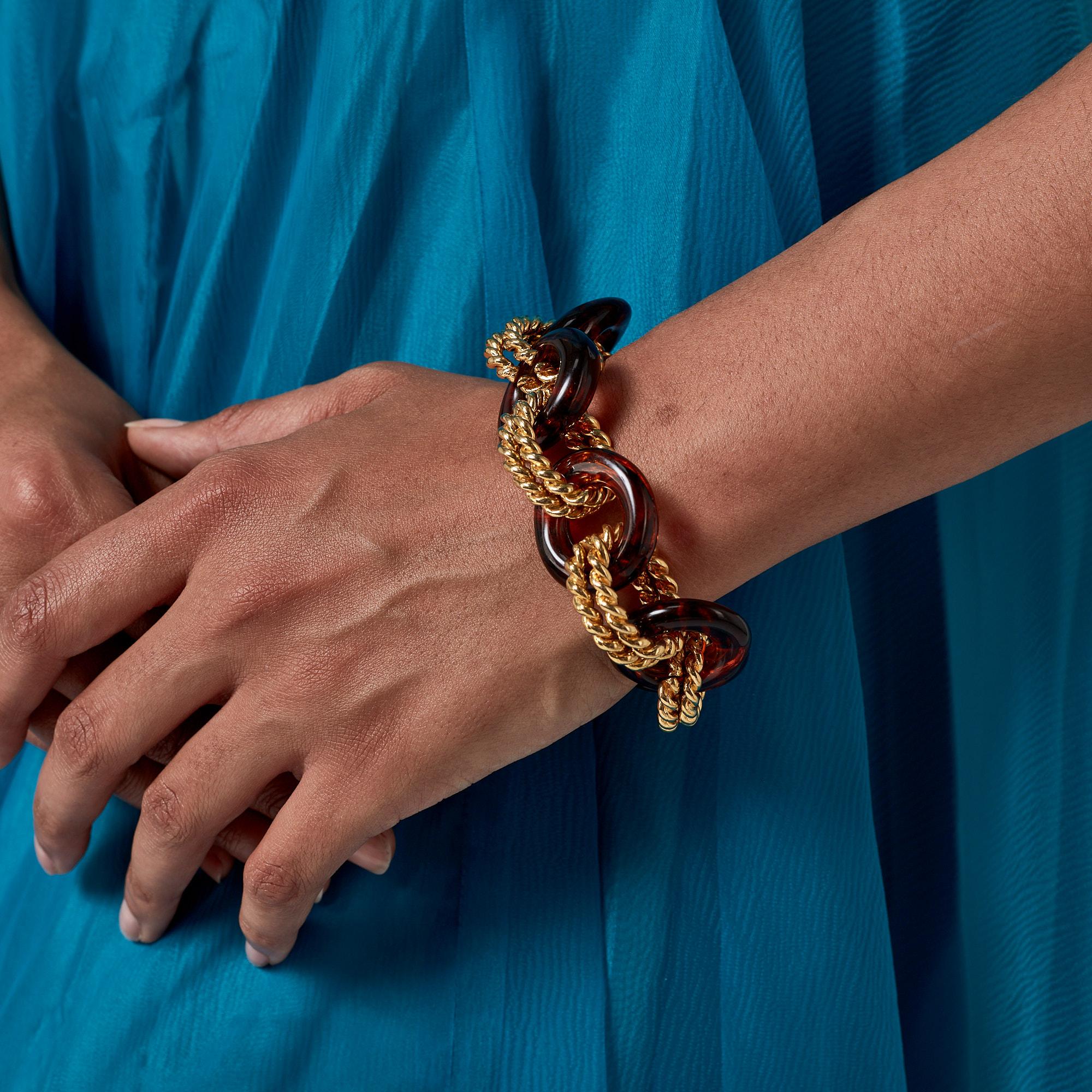 1980s Kenneth Jay Lane Gold and Brown Resin Bracelet For Sale 4