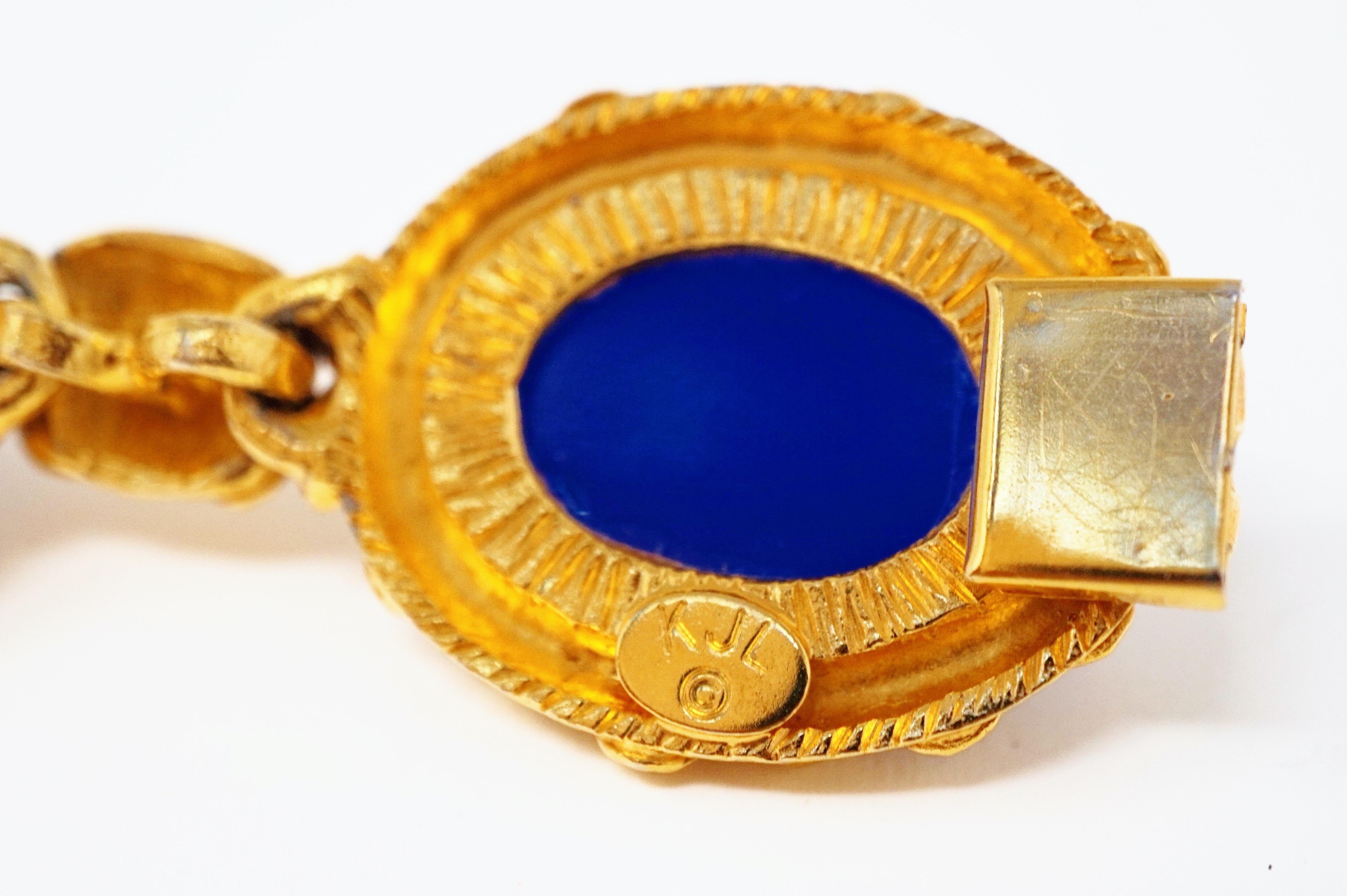 1980s Kenneth Jay Lane KJL Faux Lapis Cabochon Gilded Statement Necklace, Signed 3