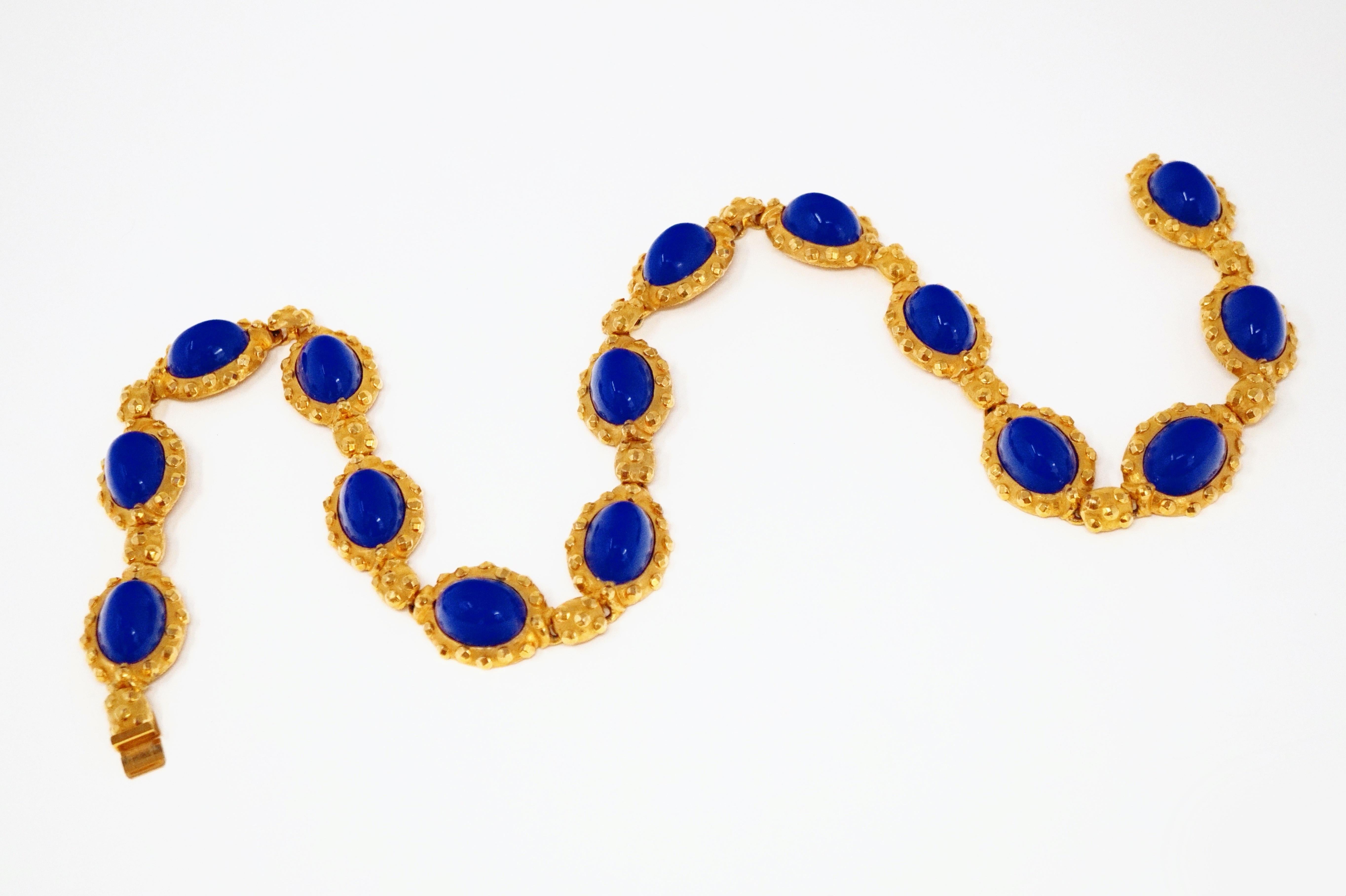 1980s Kenneth Jay Lane KJL Faux Lapis Cabochon Gilded Statement Necklace, Signed In Excellent Condition In McKinney, TX