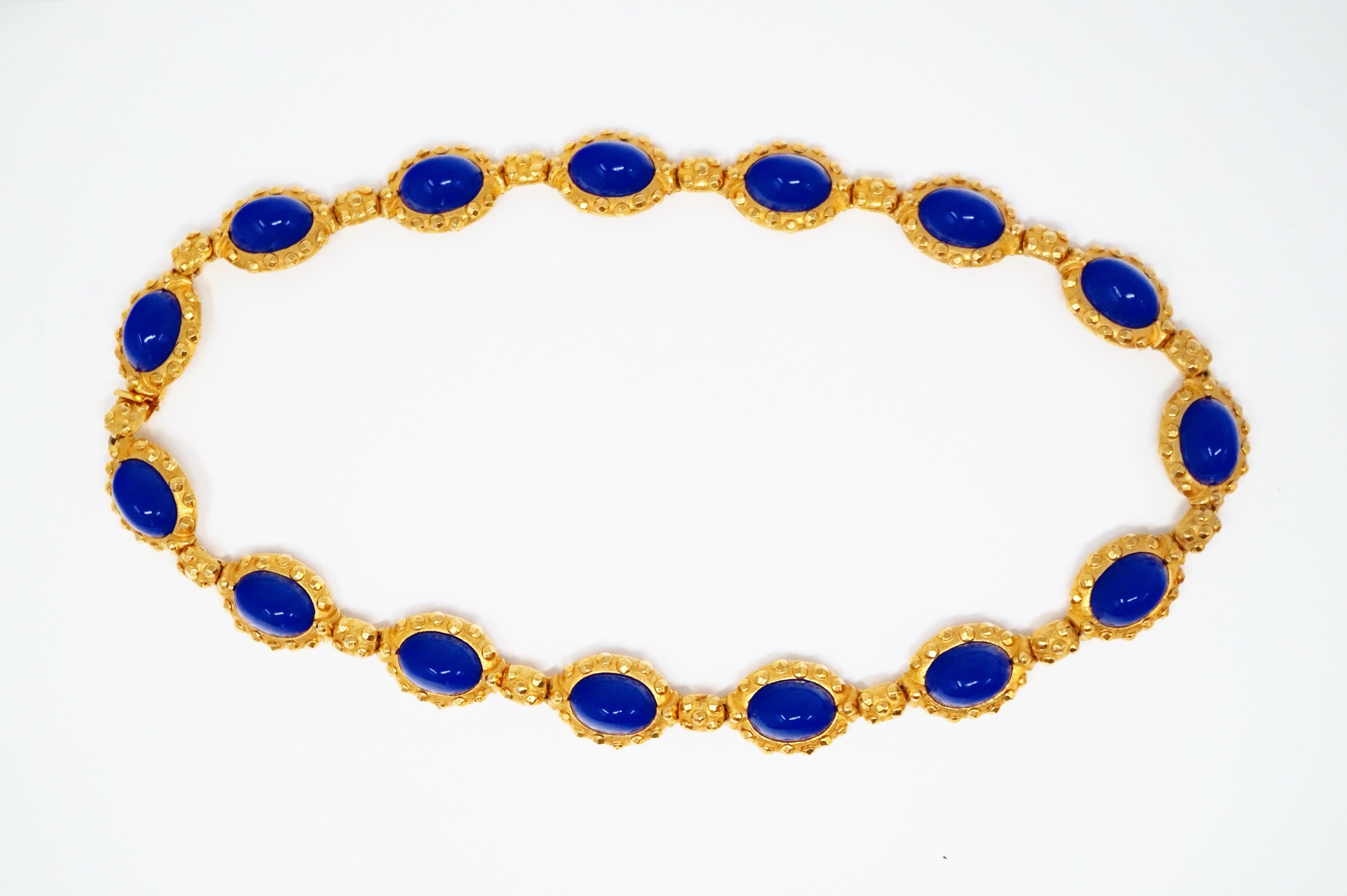 Women's 1980s Kenneth Jay Lane KJL Faux Lapis Cabochon Gilded Statement Necklace, Signed