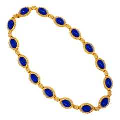 Vintage 1980s Kenneth Jay Lane KJL Faux Lapis Cabochon Gilded Statement Necklace, Signed