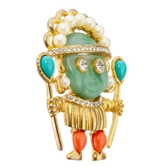 1980s Kenneth Lane Gold Jade Lapis & Coral Aztec Warrior/Medicine Man Pin