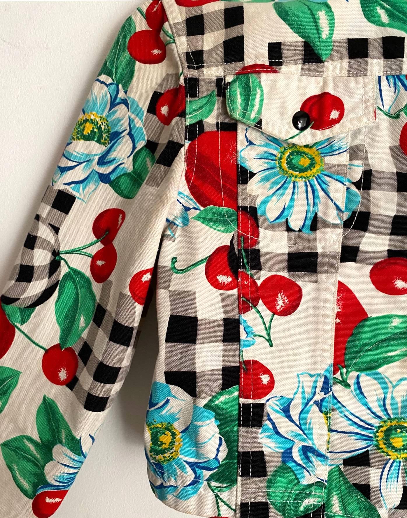 Gray 1980s Kenzo Checkered Cherry Floral Cropped Denim Jacket 