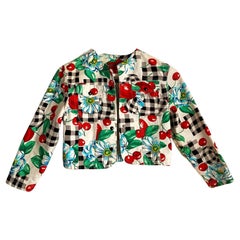 1980s Kenzo Checkered Cherry Floral Cropped Denim Jacket 