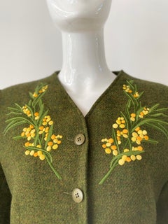1980s Kenzo Green Wool Embroidered Wheat Blazer