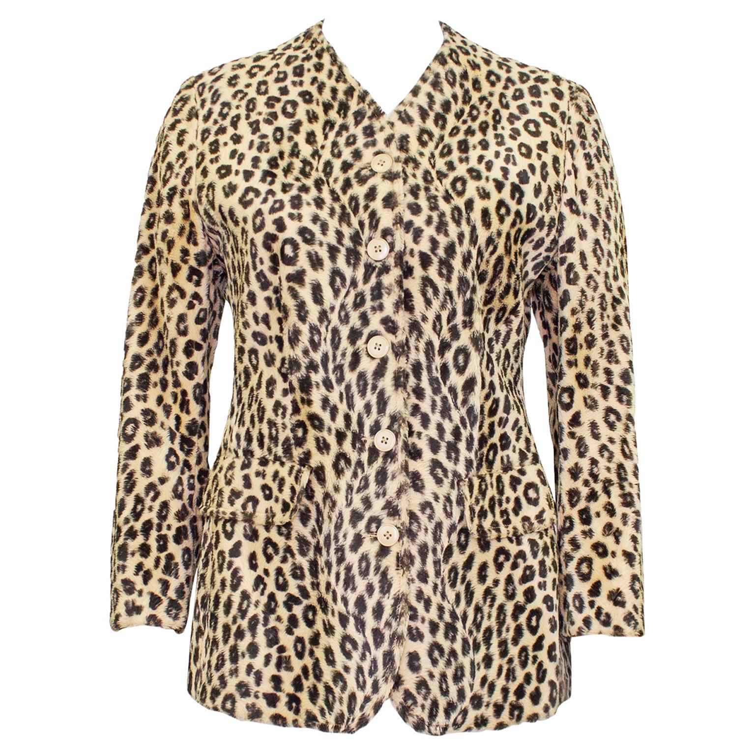 1980s Kenzo Leopard Faux Fur Collarless Jacket  For Sale