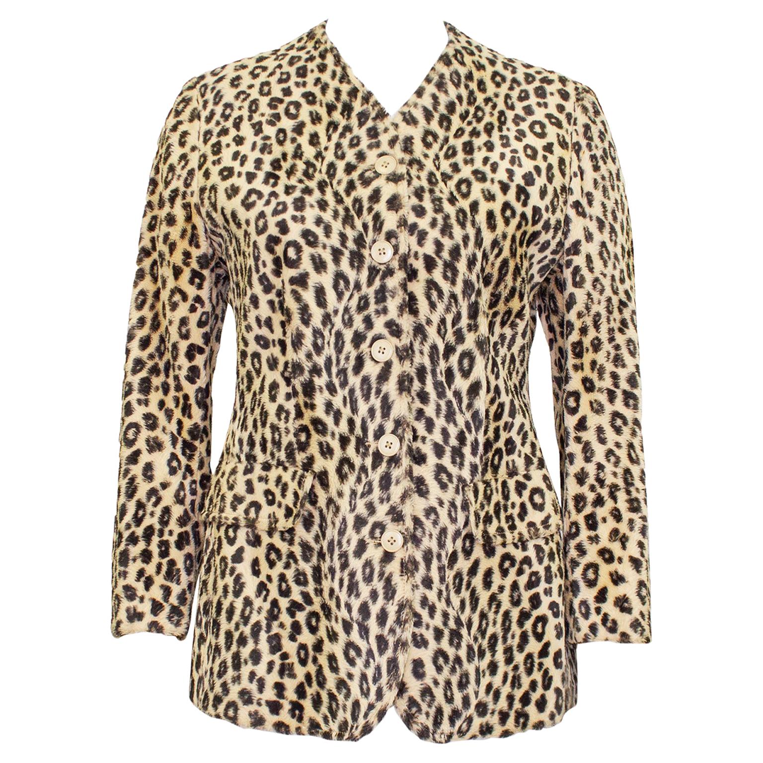 1980s Kenzo Leopard Faux Fur Collarless Jacket For Sale