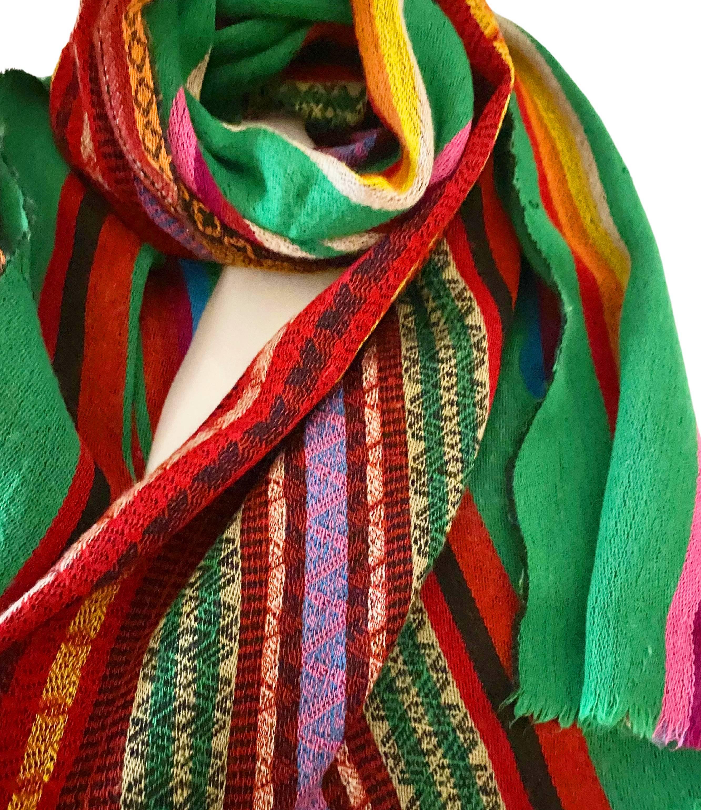 1980S Kenzo Multicolor Geometric Tribal Stripe Wool Large Scarf  For Sale 1
