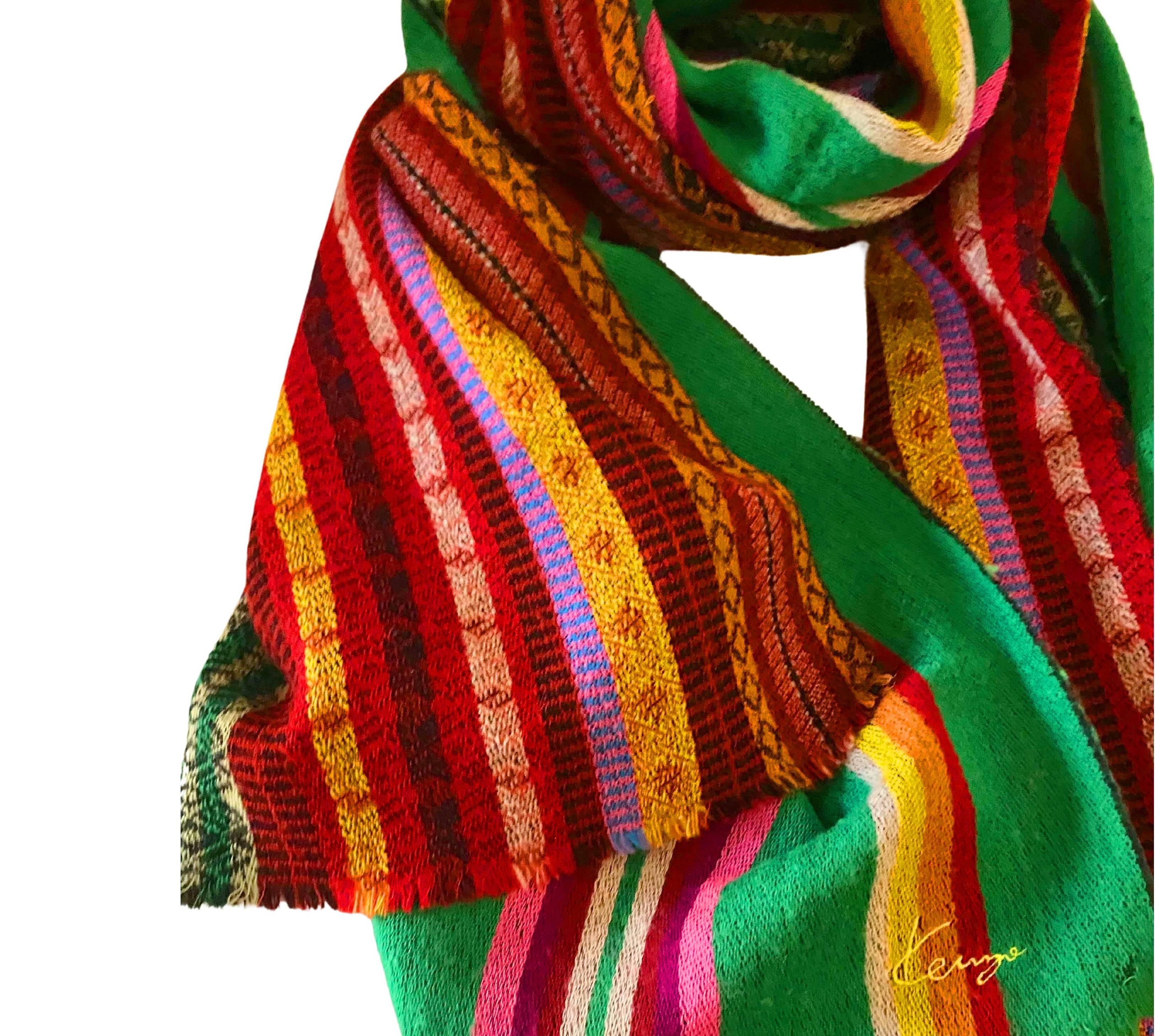 1980S Kenzo Multicolor Geometric Tribal Stripe Wool Large Scarf  For Sale 2