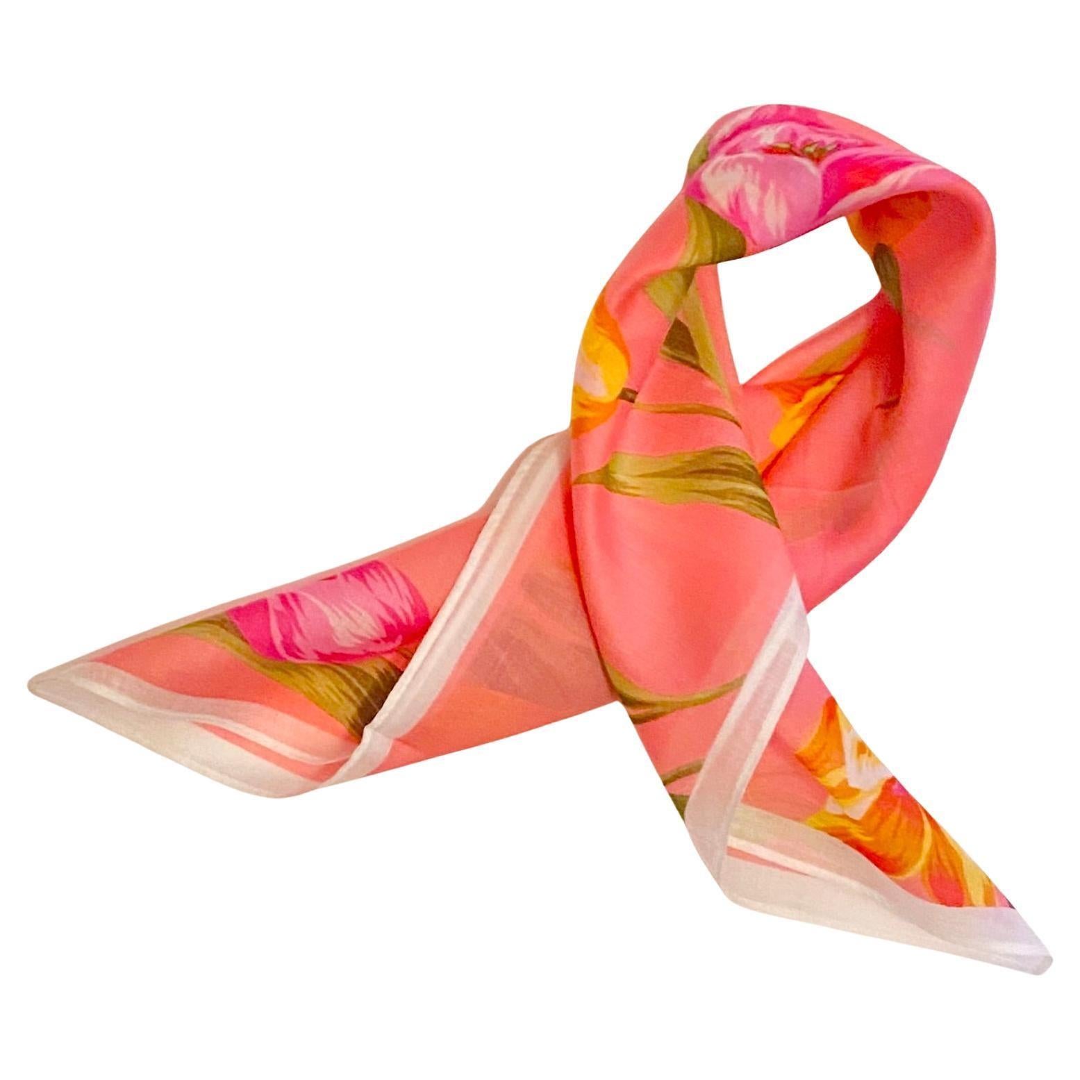 1980er KENZO Rosa Tulpen-Blumen-Handtaschentuch Vintage Schal (Orange) im Angebot