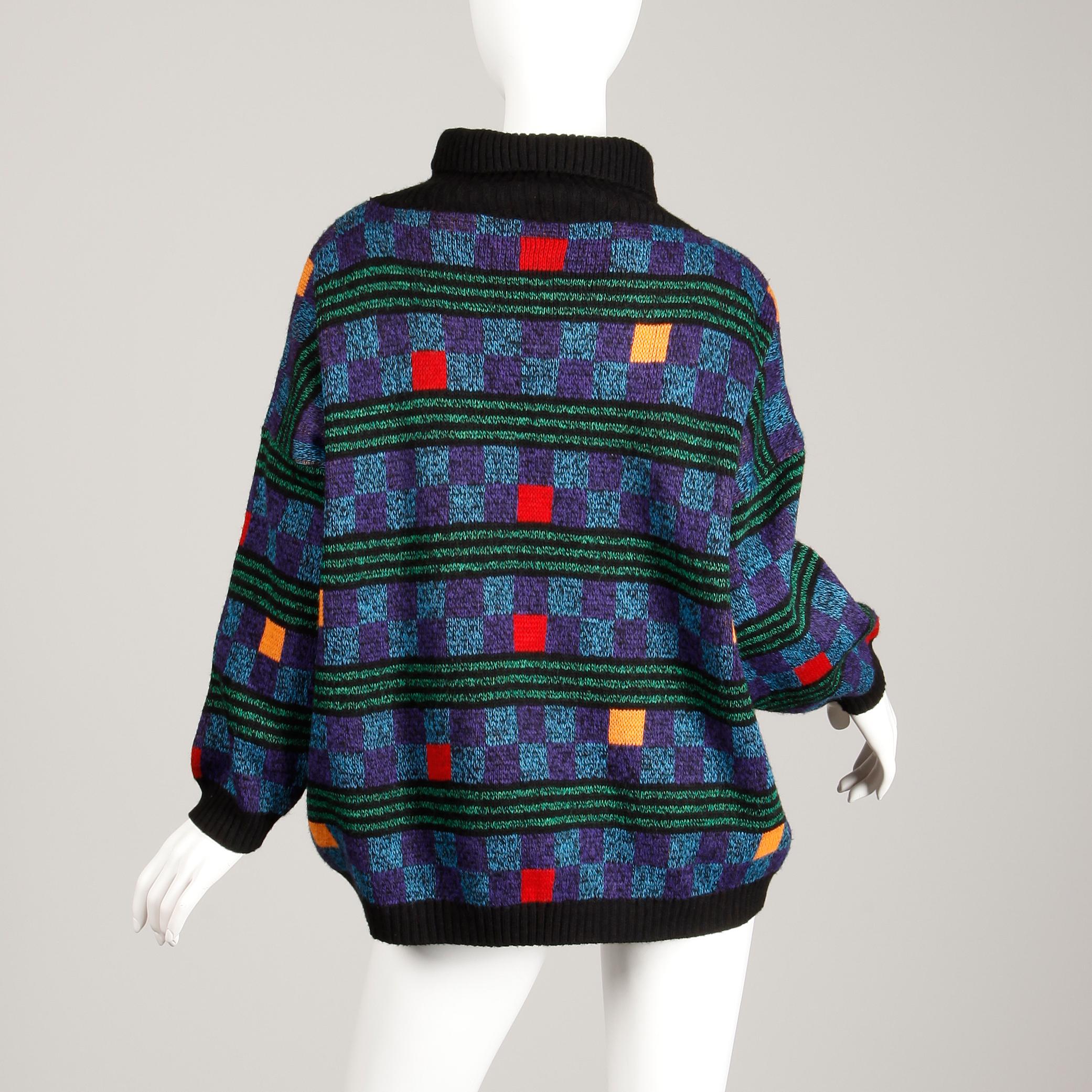 1980s Kenzo Vintage Turtleneck Sweater with Colorful Checkers + Stripes In Excellent Condition In Sparks, NV