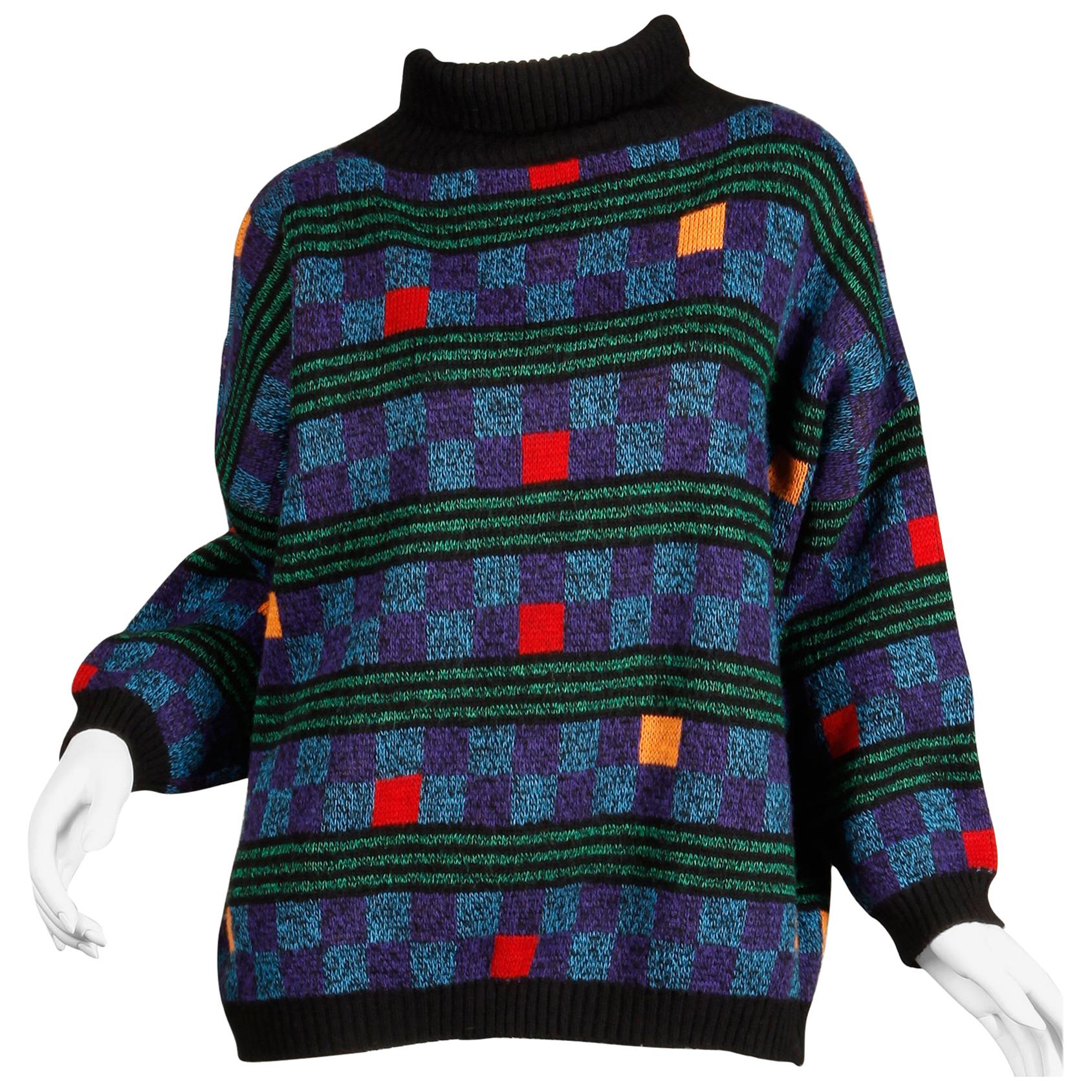 1980s Kenzo Vintage Turtleneck Sweater with Colorful Checkers + Stripes