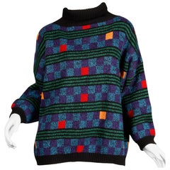pull à col roulé vintage Kenzo des années 1980 avec damiers et rayures colorés