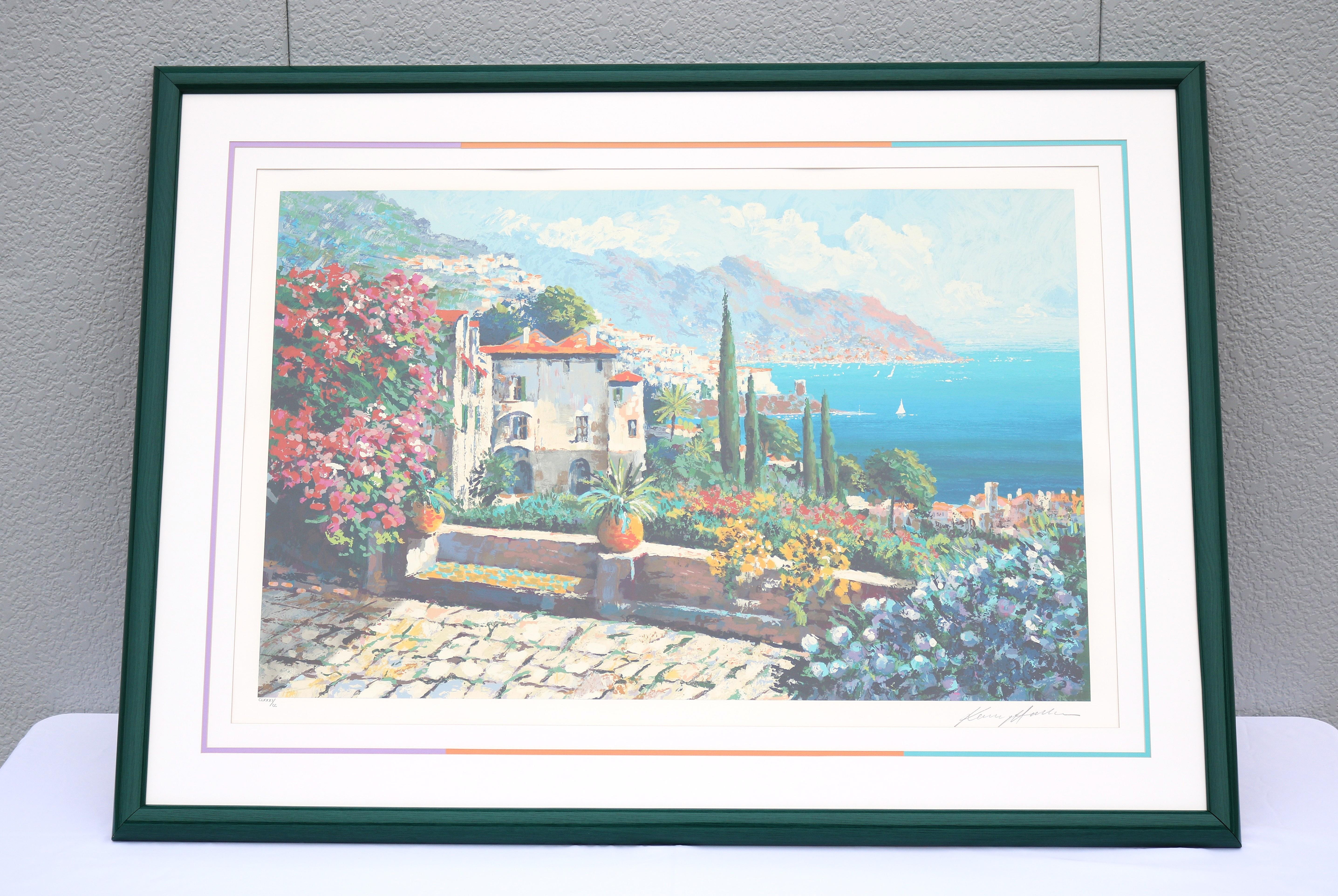 Fabulous 1980s Kerry Hallam Amalfi Coast, Italy. Impressionist Mediterranean limited edition serigraph on paper, signed by the artist in the lower right and numbered CLXXXI/CC - 181 out of a total edition of 200 on the lower left, capturing the