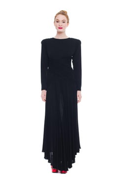 1980S KEVAN HALL COUTURE Black Silk Jersey Power Shoulder Long Sleeve Gown