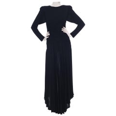 1980S KEVAN HALL COUTURE Black Silk Jersey Power Shoulder Long Sleeve Gown