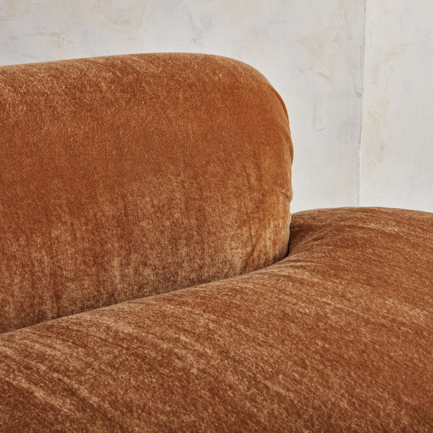 Upholstery 1980s Kidney Shaped Plush Sofa in Luxurious Cognac Mohair