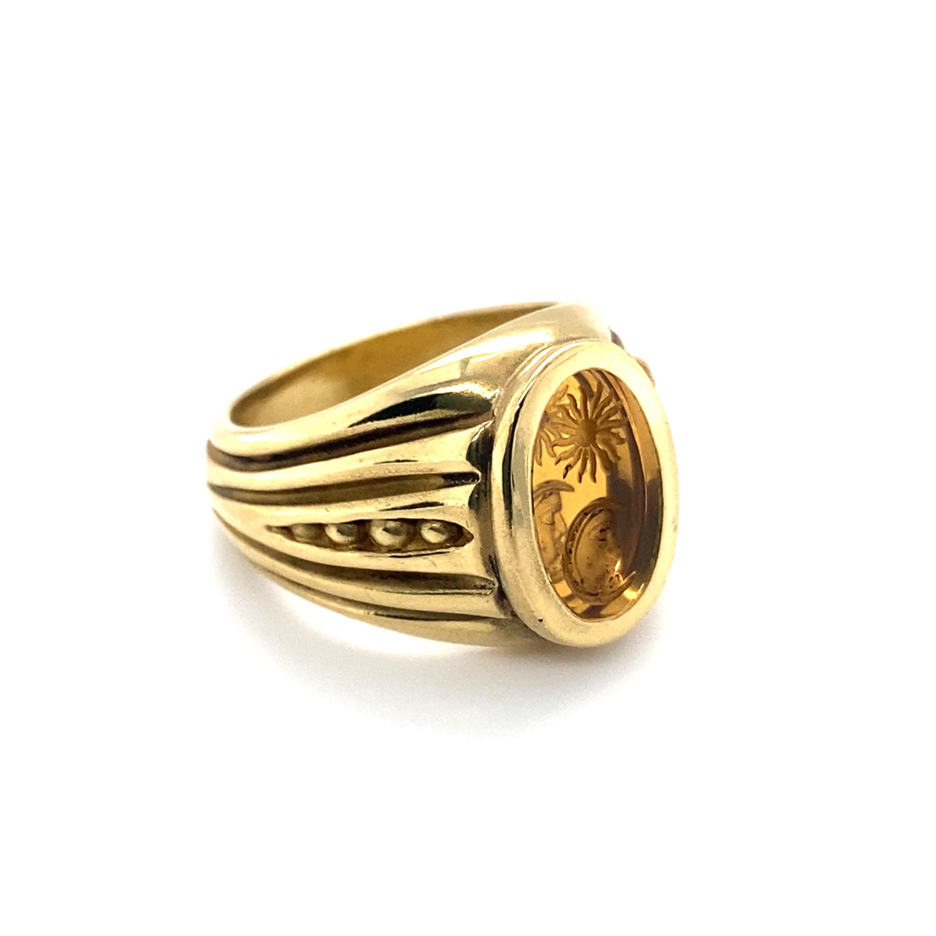 Item Details: 
Metal: 18 Karat Yellow Gold 
Weight: 14.1 grams 
Size: 6, can be resized
Hallmark: Kieselstein Cord 18K

Item Features: 
This is a beautifully and very well made classic Kieselstein-Cord Sun and Moon Ring. The center stone has a  oval