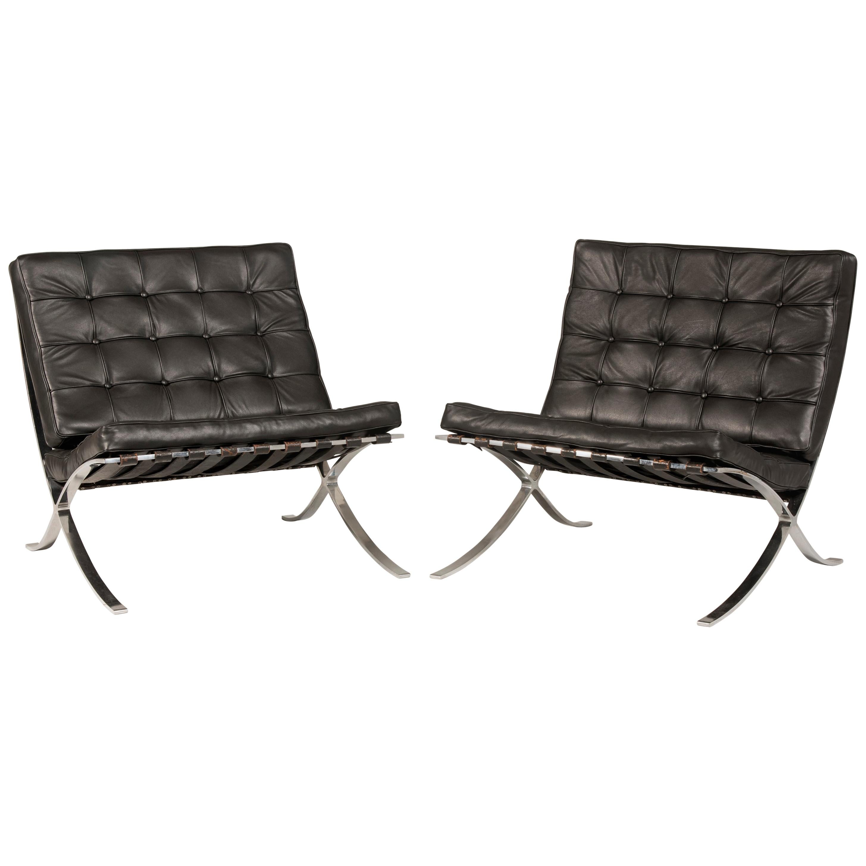 1980s Knoll Barcelona Chairs Black Leather Set of 2 