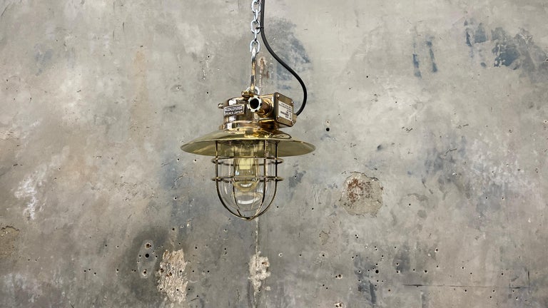 1980s Japanese Bronze Industrial Ceiling Light Brass Shade & Glass Dome U/L For Sale 5