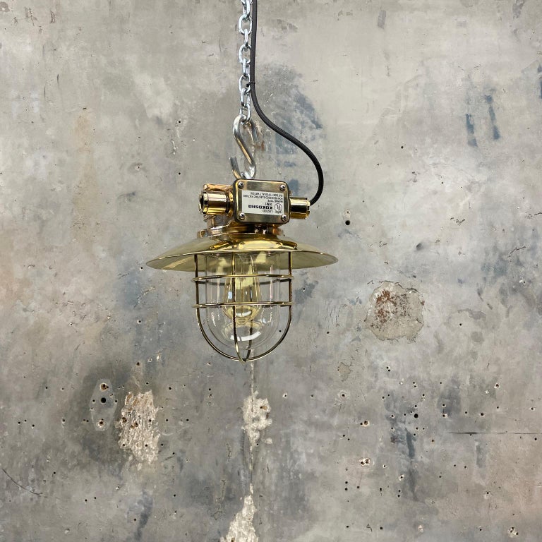 1980s Japanese Bronze Industrial Ceiling Light Brass Shade & Glass Dome U/L For Sale 13